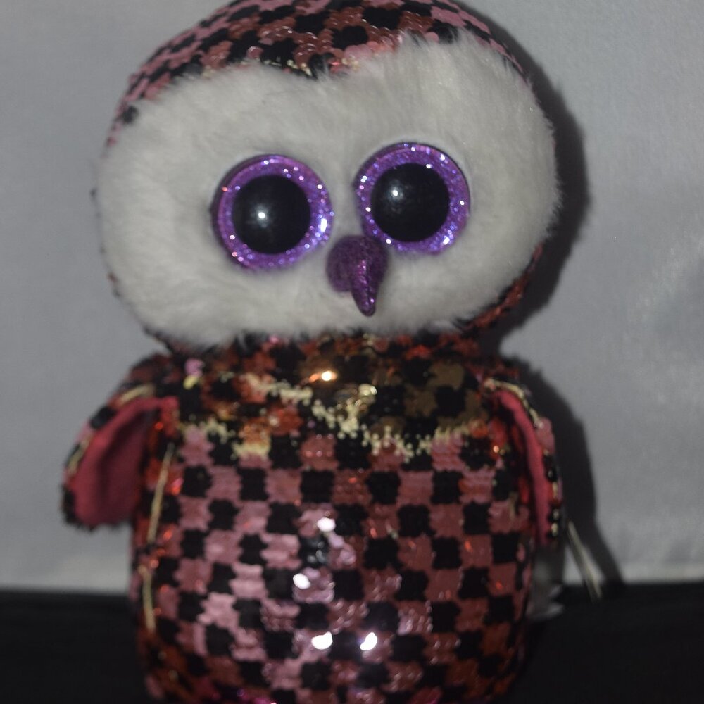 Ty Flippables Checks the Owl – Pink & Gold Reversible Sequin Beanie Boo (6")